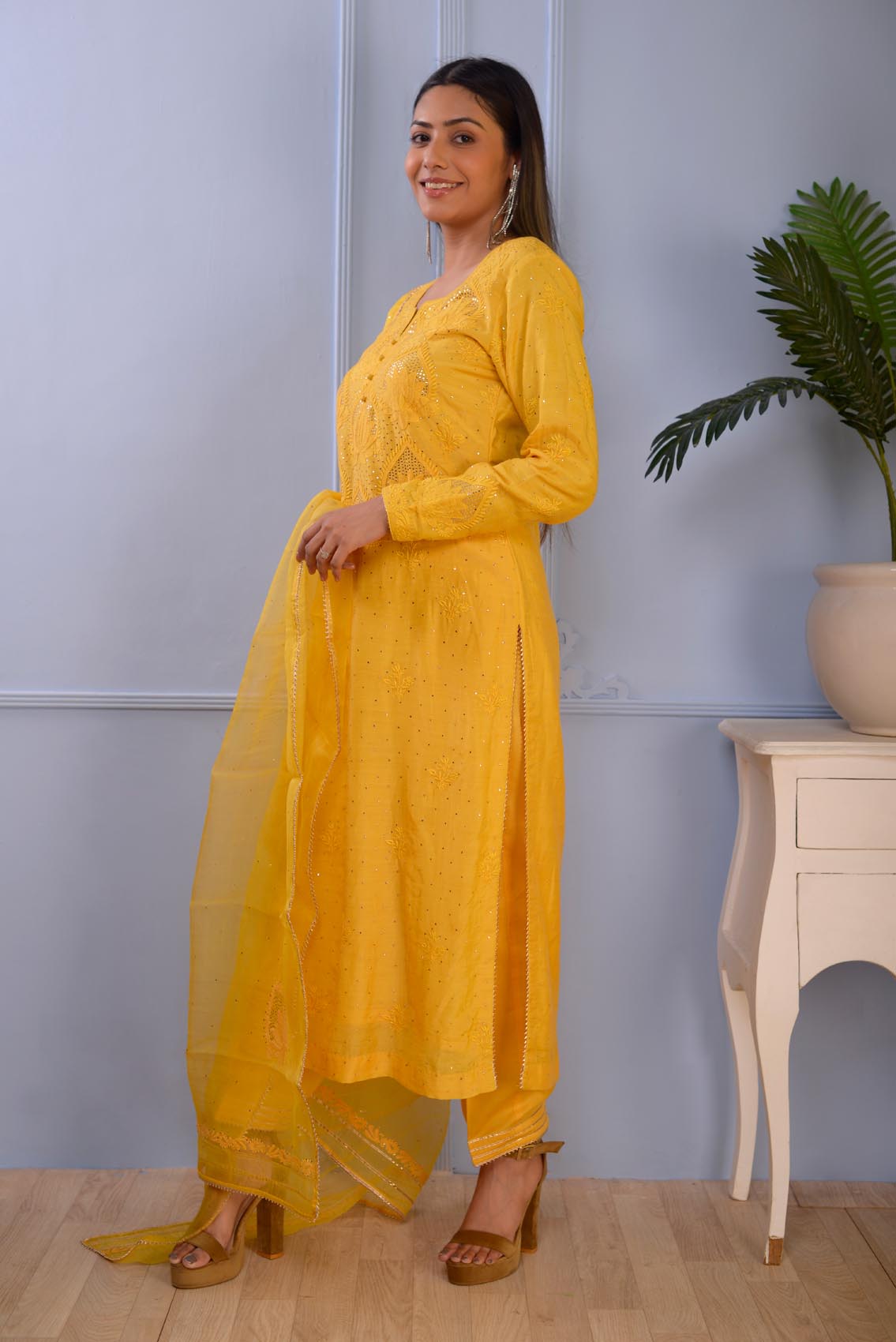 Jashan Mustered Yellow Lucknowbi Cotton Silk Kurta Set Of 3