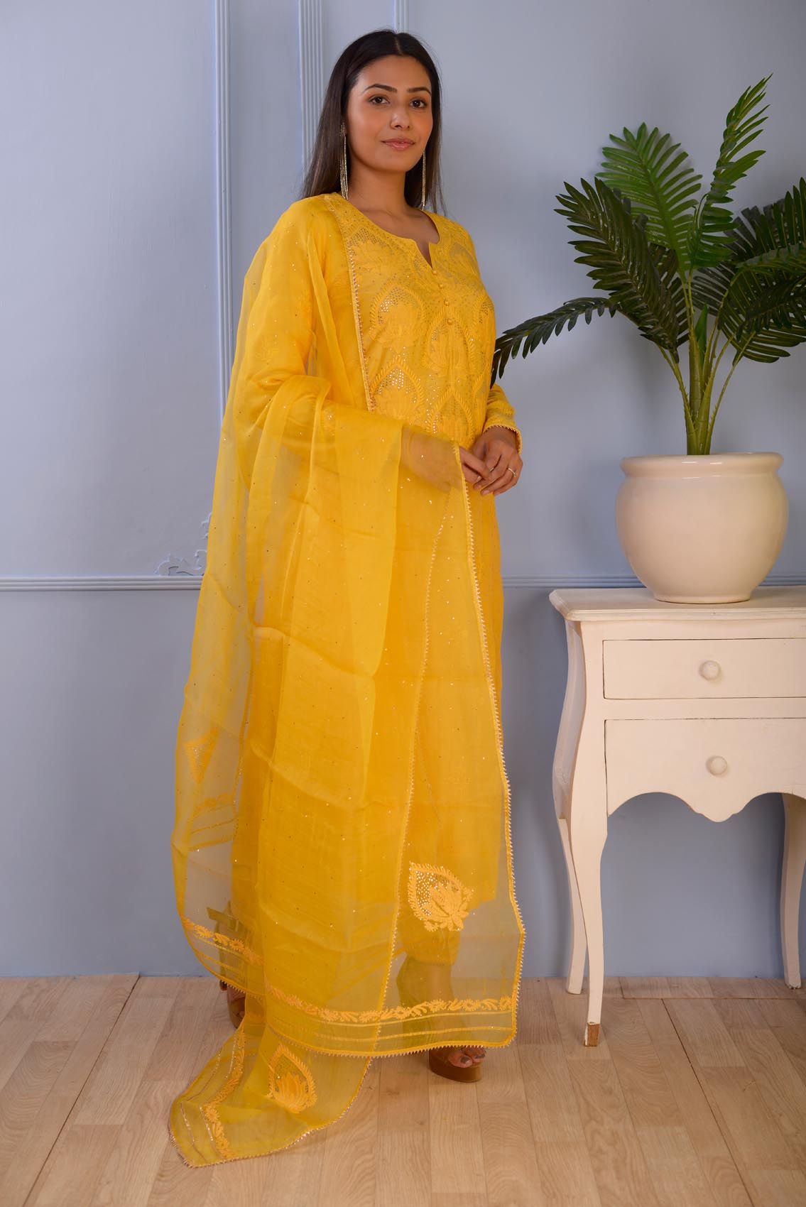 Jashan Mustered Yellow Lucknowbi Cotton Silk Kurta Set Of 3