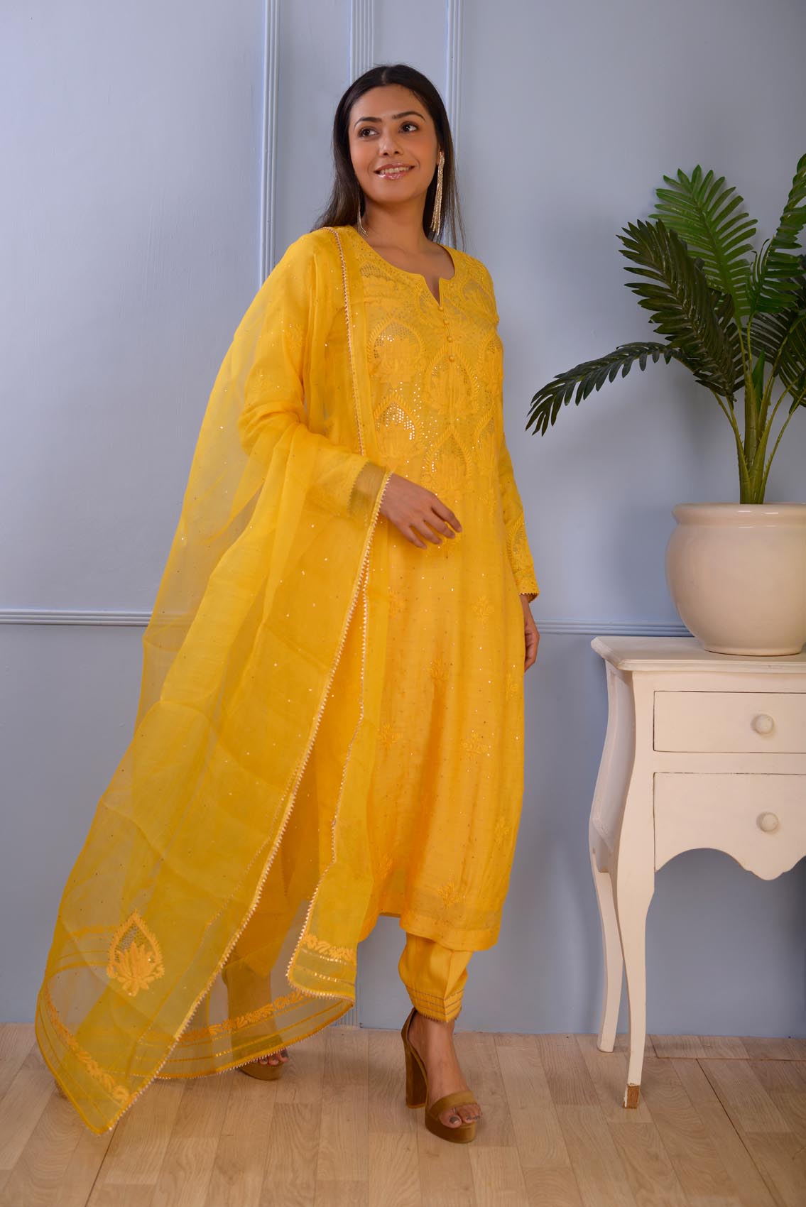 Jashan Mustered Yellow Lucknowbi Cotton Silk Kurta Set Of 3