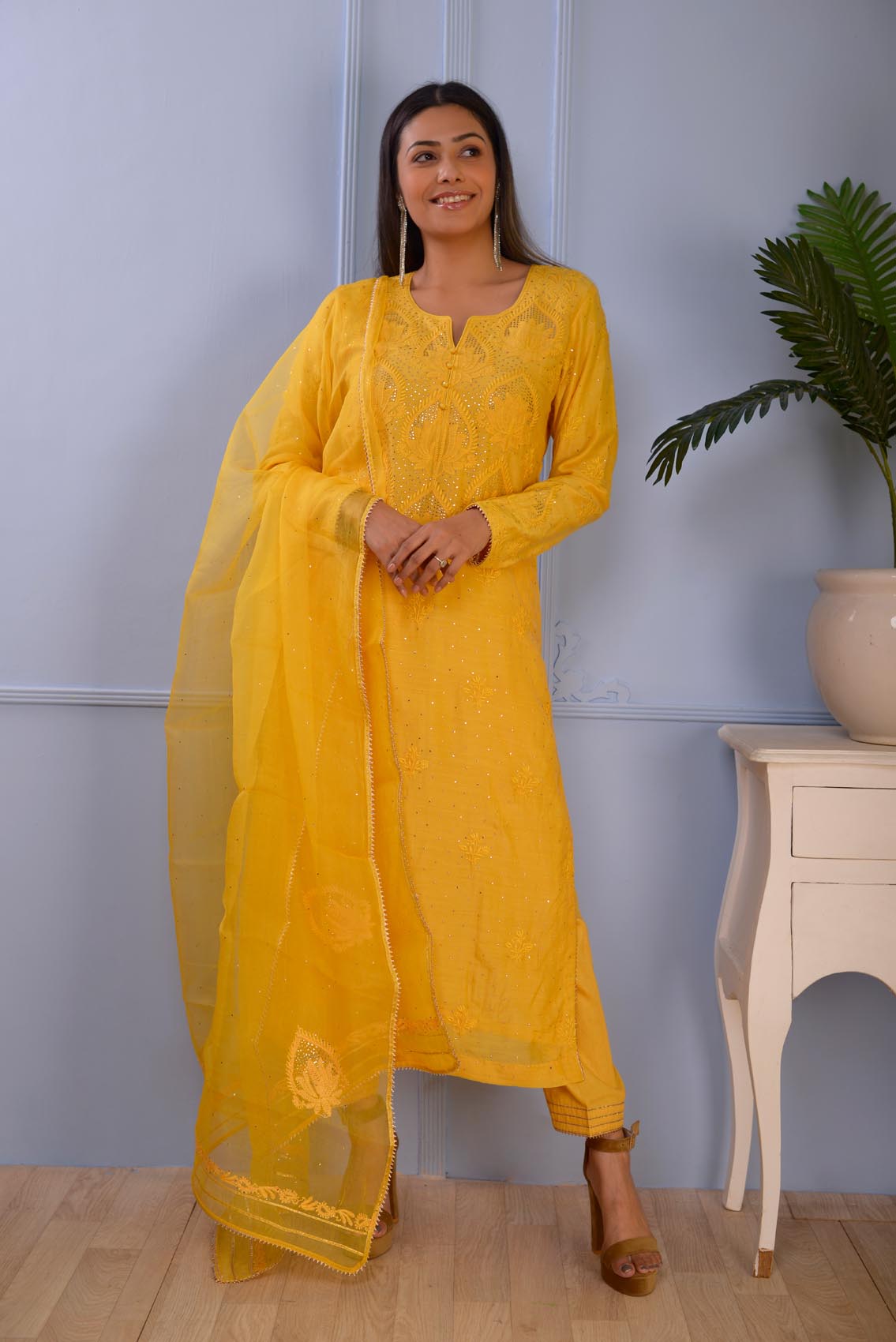 Jashan Mustered Yellow Lucknowbi Cotton Silk Kurta Set Of 3