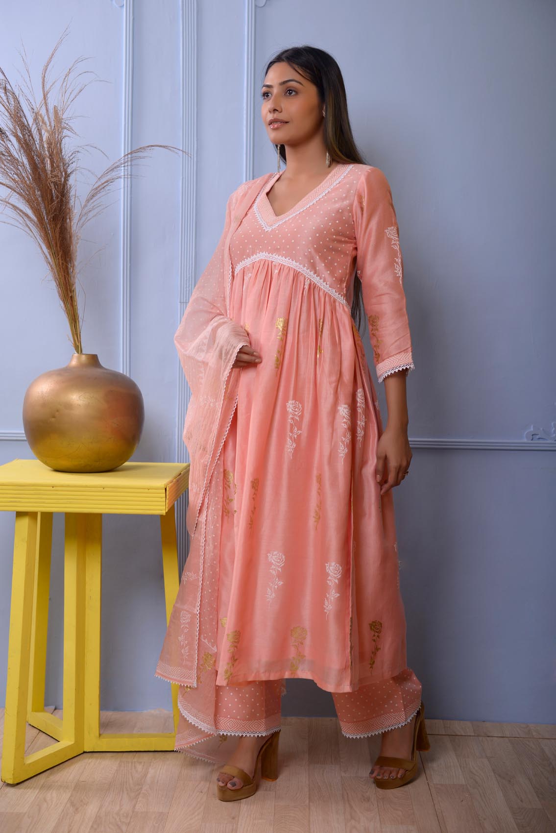 Jashan Pink Gather Kurta With Plazzo Set Of 3