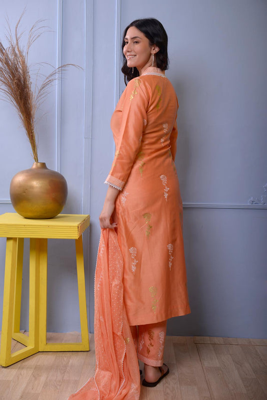 Jashan Peach Straight Kurta With Plazzo Set Of 3