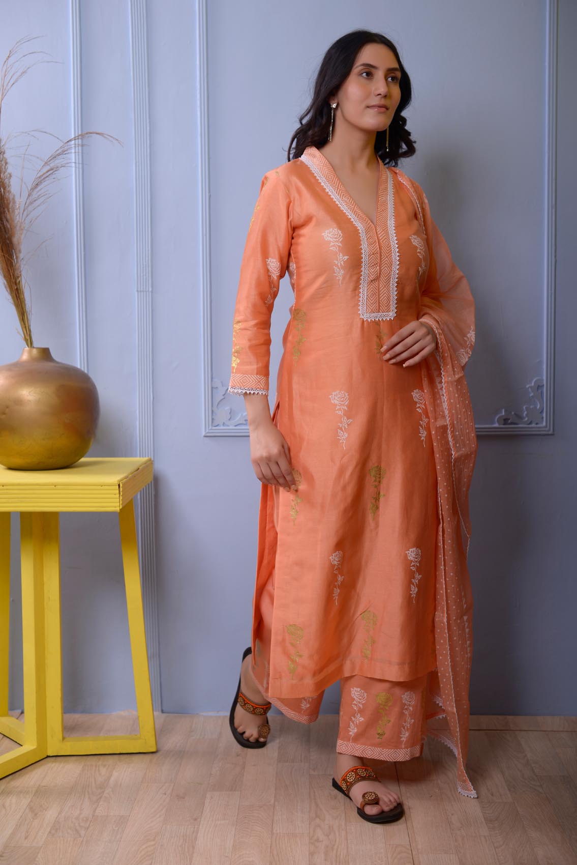 Jashan Peach Straight Kurta With Plazzo Set Of 3