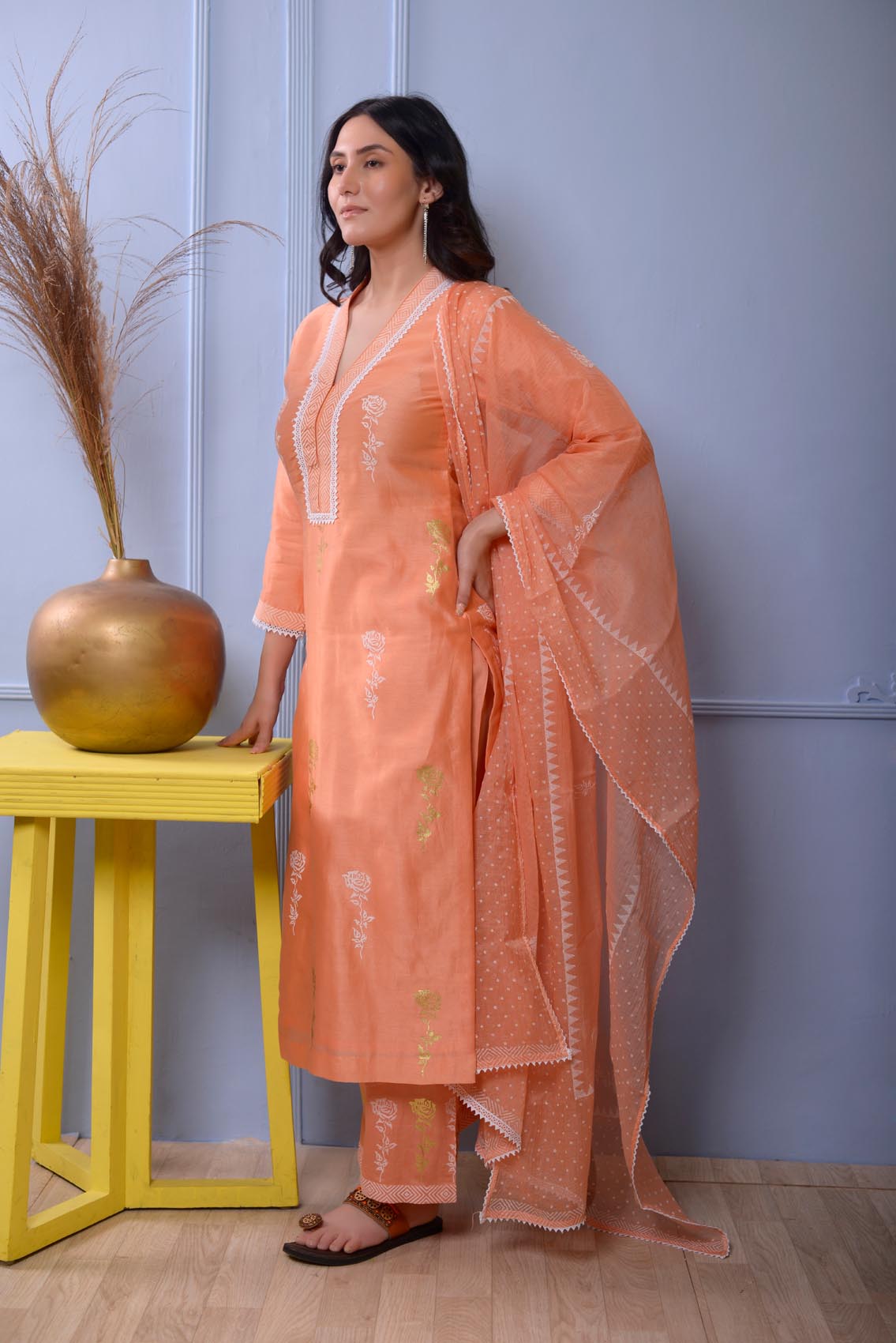 Jashan Peach Straight Kurta With Plazzo Set Of 3