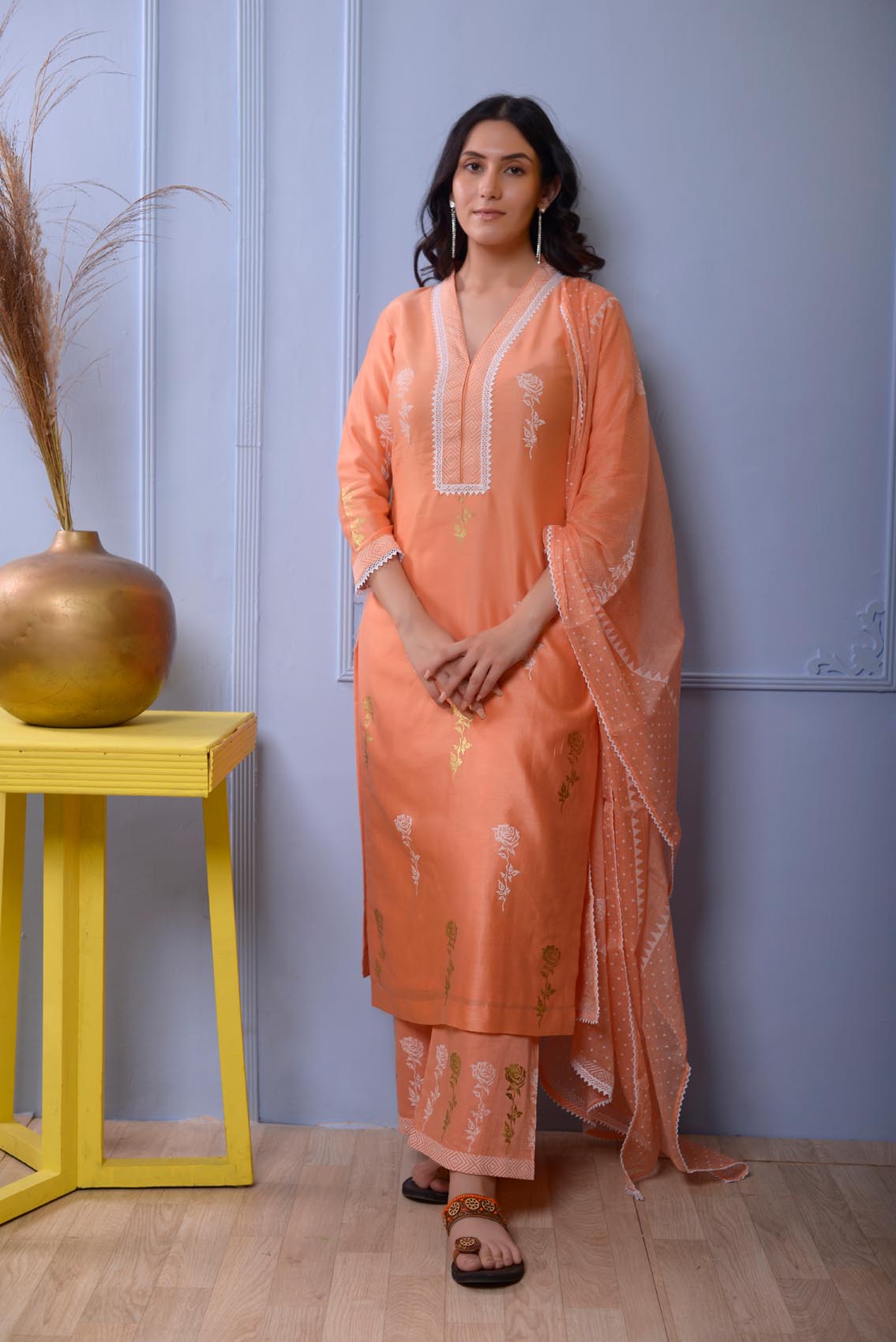 Jashan Peach Straight Kurta With Plazzo Set Of 3