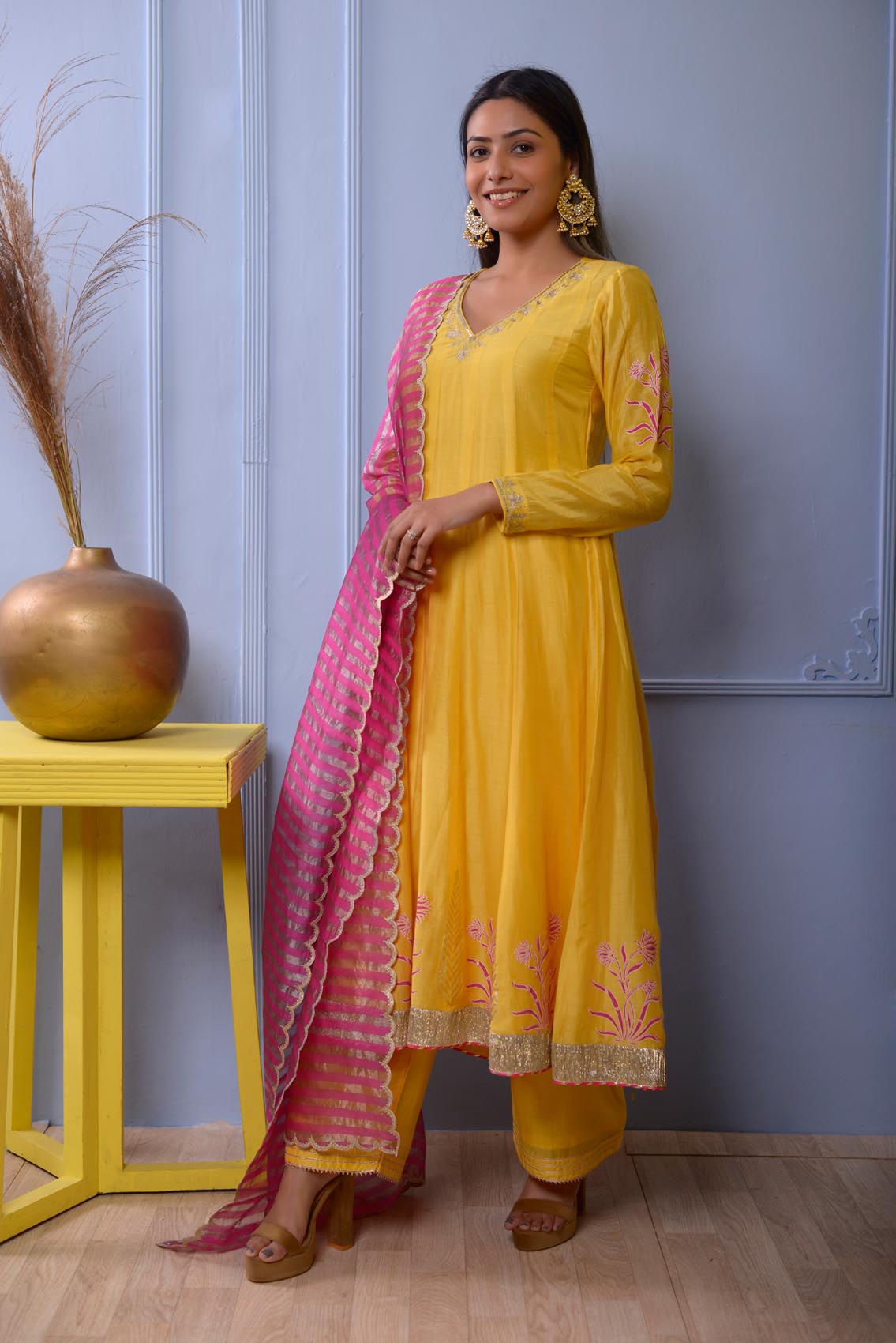 Mustered Yellow Foil Print Cotton Silk Kurta With Hand Embroidered