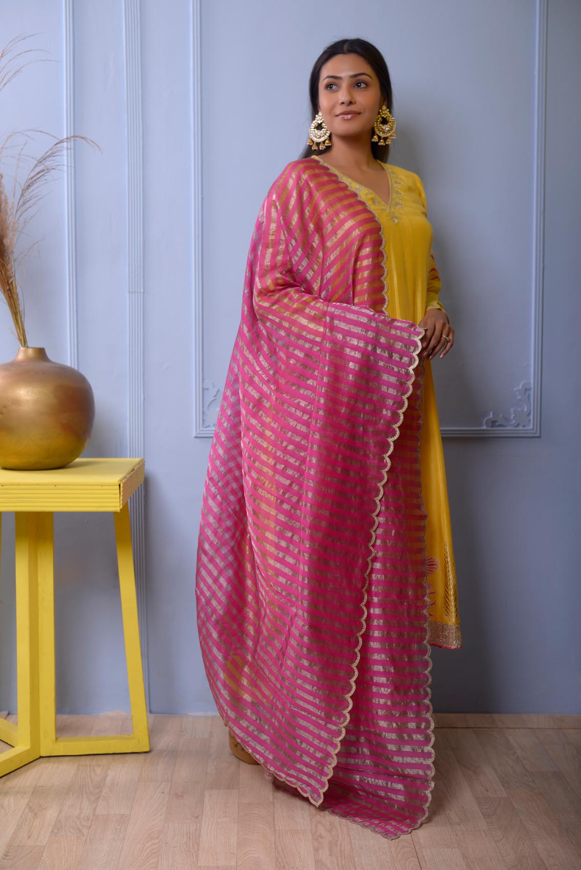 Mustered Yellow Foil Print Cotton Silk Kurta With Hand Embroidered