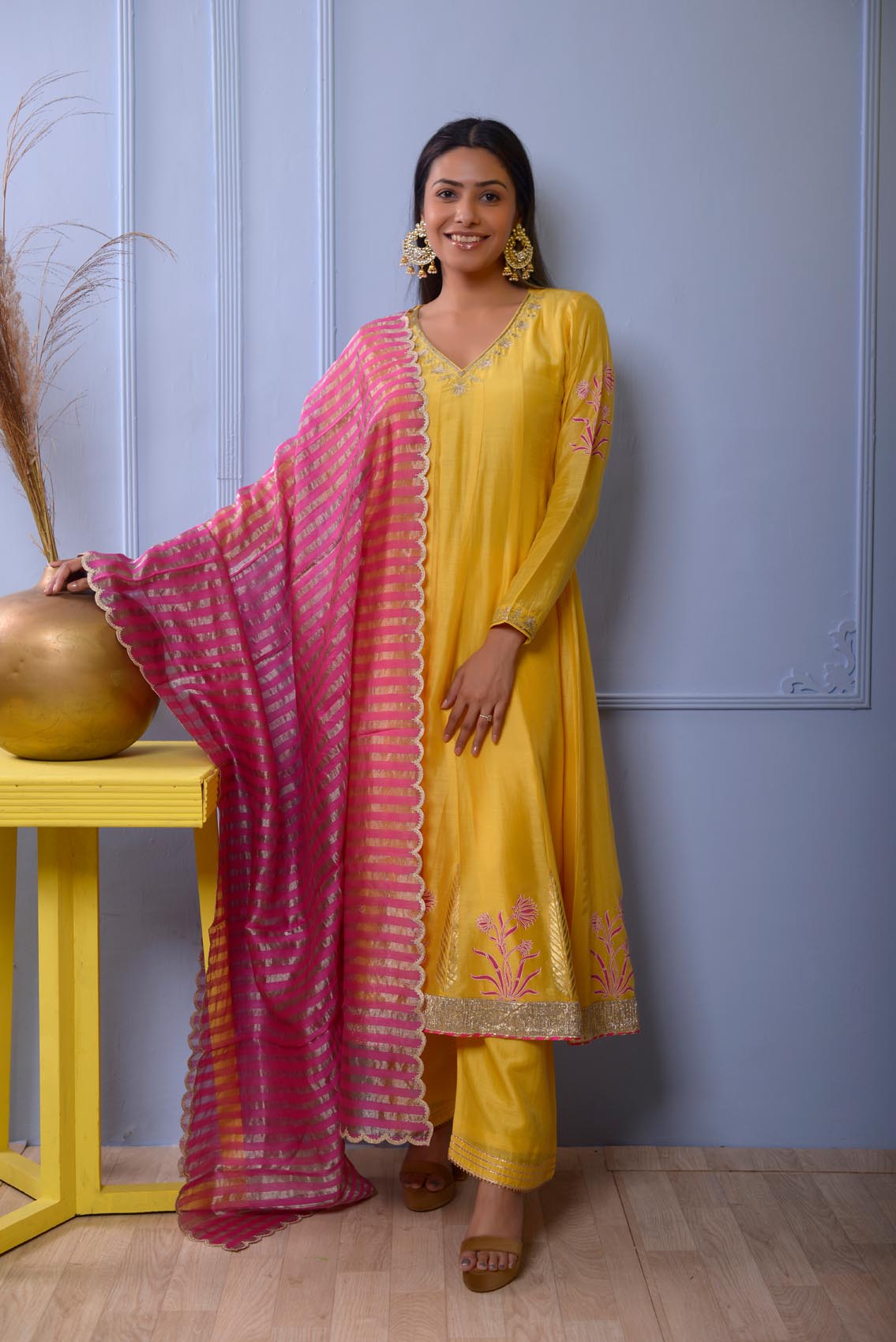 Mustered Yellow Foil Print Cotton Silk Kurta With Hand Embroidered