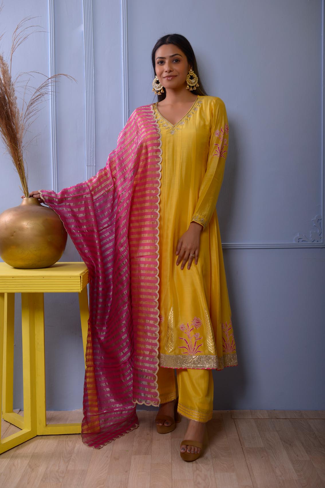 Mustered Yellow Foil Print Cotton Silk Kurta With Hand Embroidered