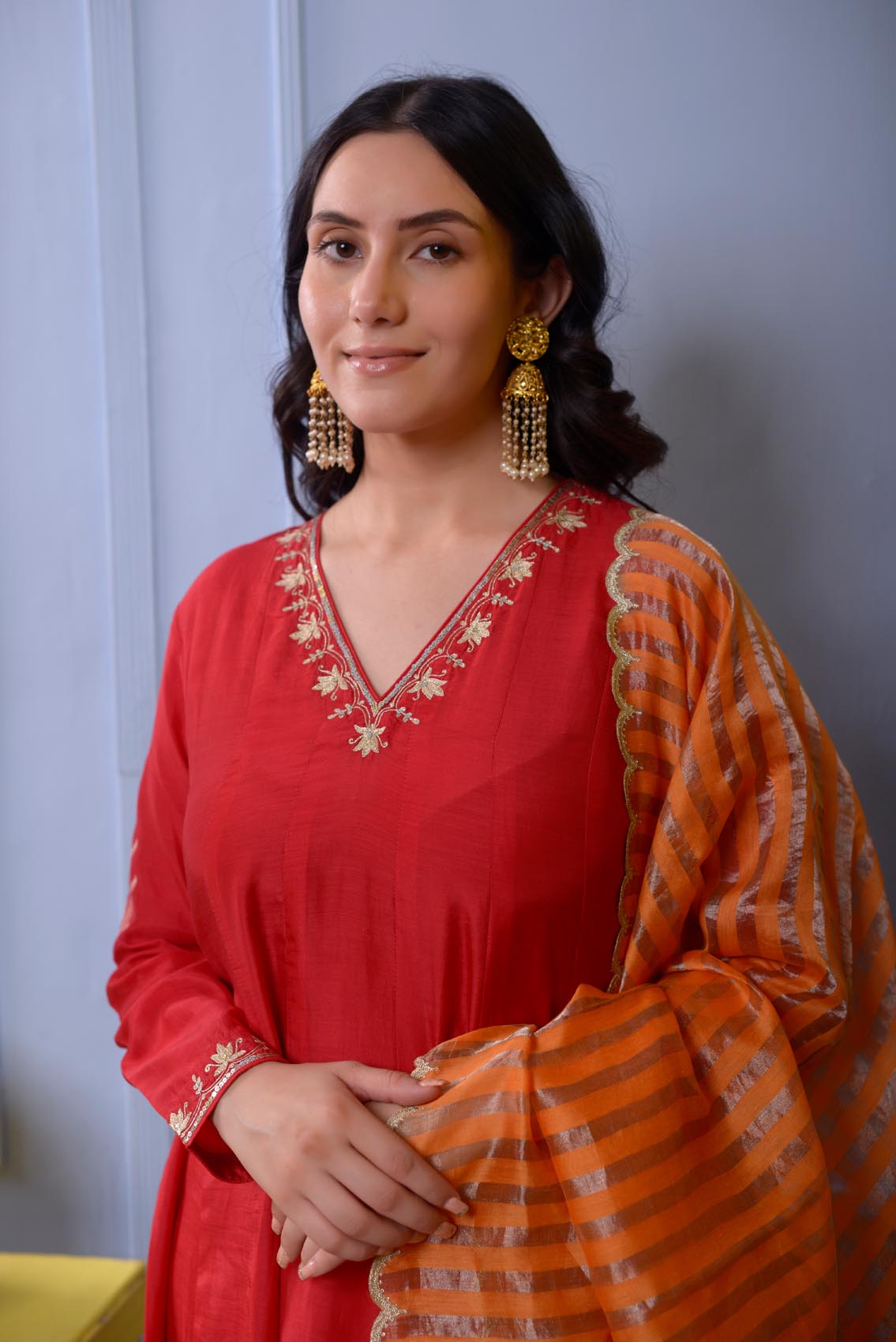 Cotton Silk Kurta With Hand Embroidered Neck