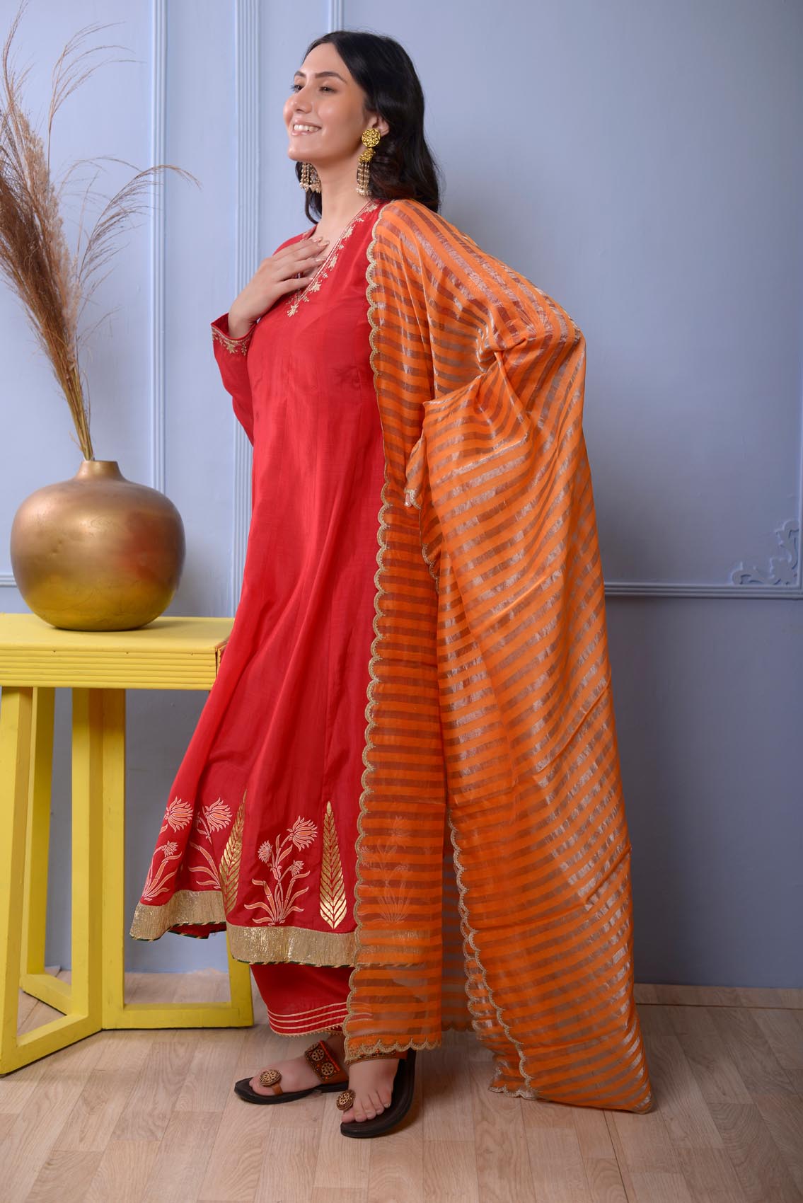 Cotton Silk Kurta With Hand Embroidered Neck