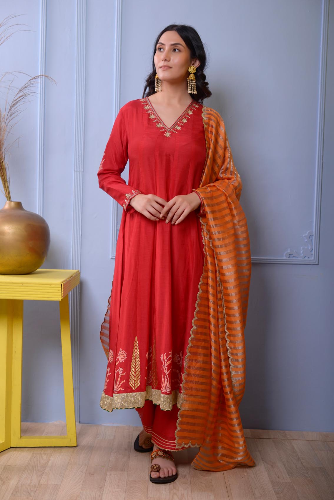 Cotton Silk Kurta With Hand Embroidered Neck