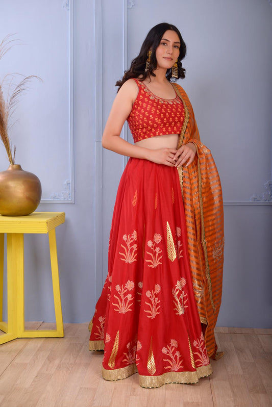 Jashan Red Foil Printed Cotton Silk Lehenga Set Of 3