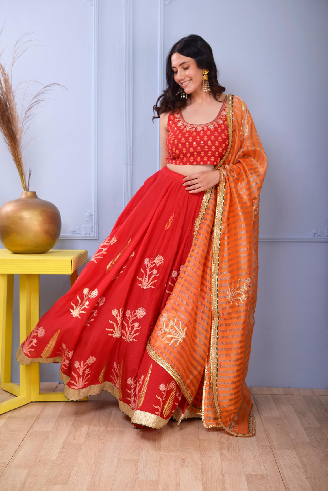 Jashan Red Foil Printed Cotton Silk Lehenga Set Of 3