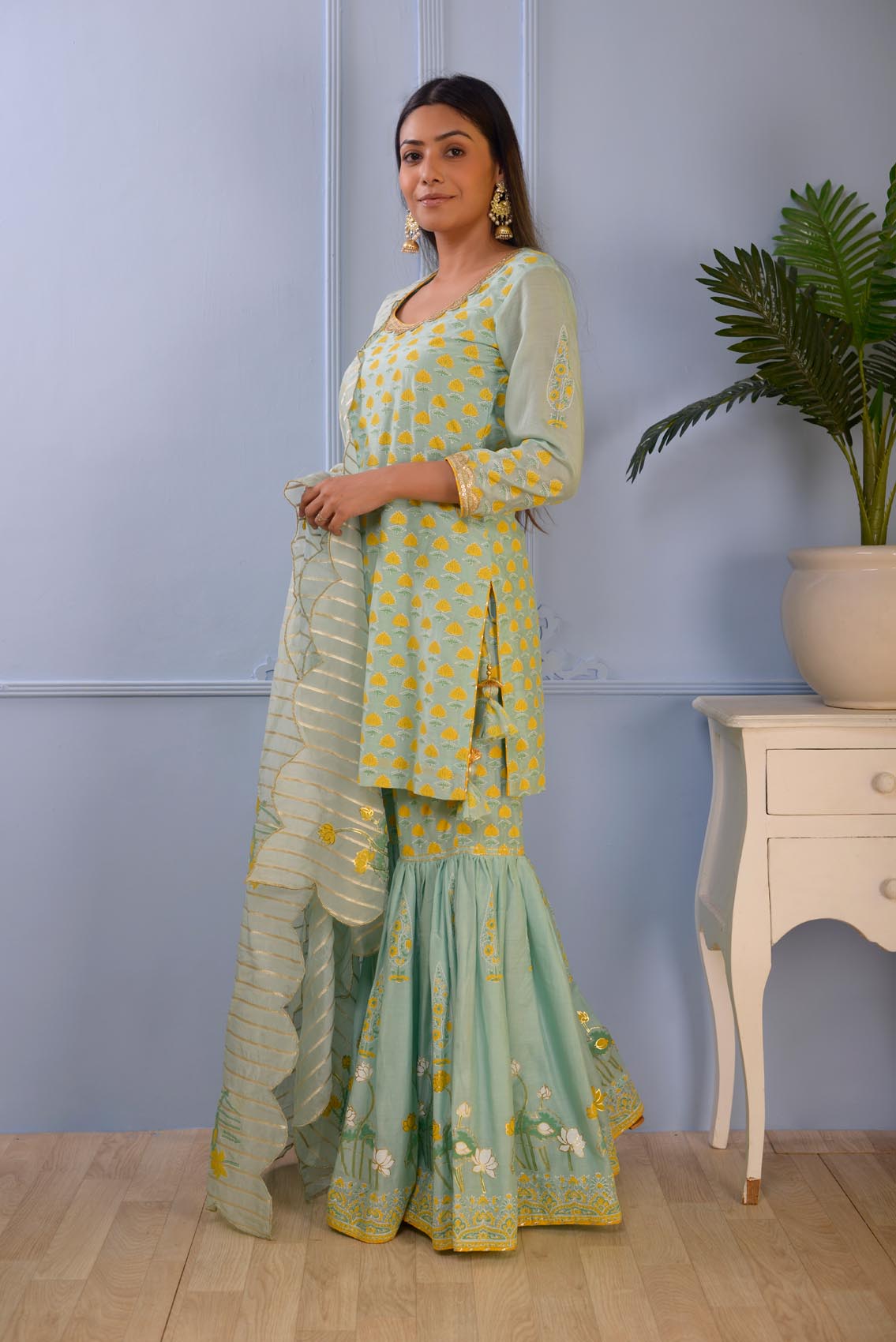 Jashan Sea Green Foil Printed Cotton Silk Garara Set Of 3