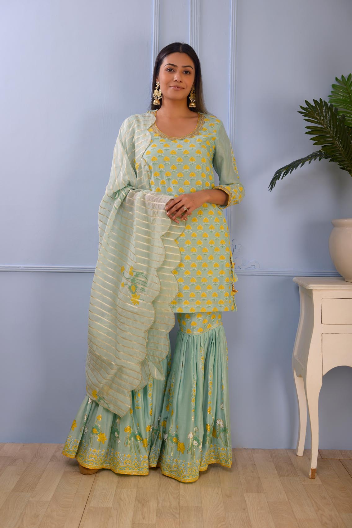 Jashan Sea Green Foil Printed Cotton Silk Garara Set Of 3