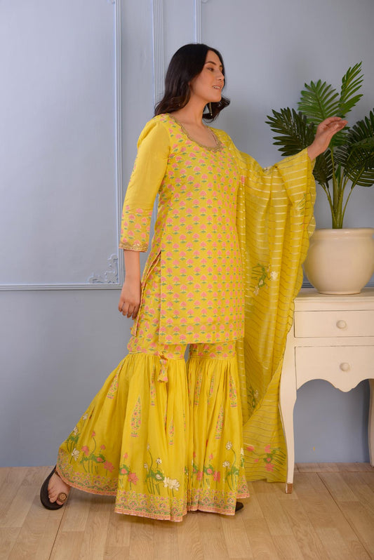 Jashan Lemon Yellow Foil Printed Cotton Silk Garara Set Of 3