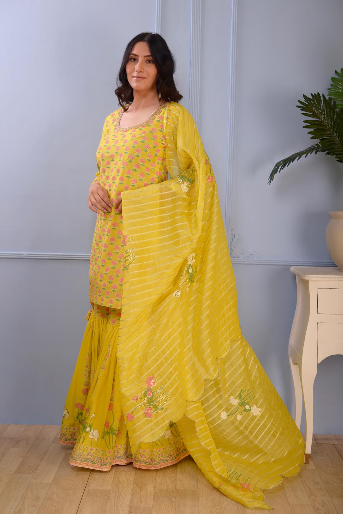 Jashan Lemon Yellow Foil Printed Cotton Silk Garara Set Of 3