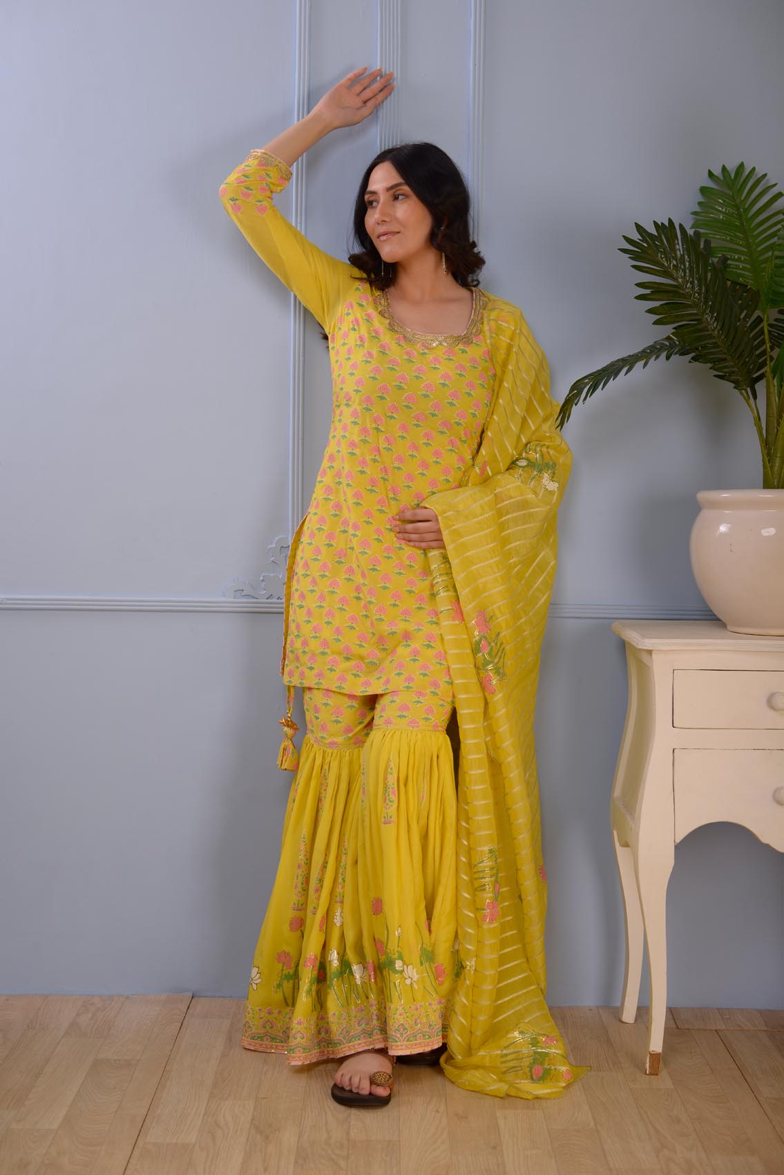 Jashan Lemon Yellow Foil Printed Cotton Silk Garara Set Of 3