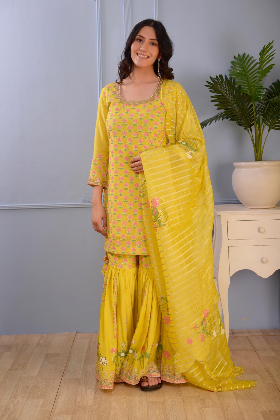 Jashan Lemon Yellow Foil Printed Cotton Silk Garara Set Of 3