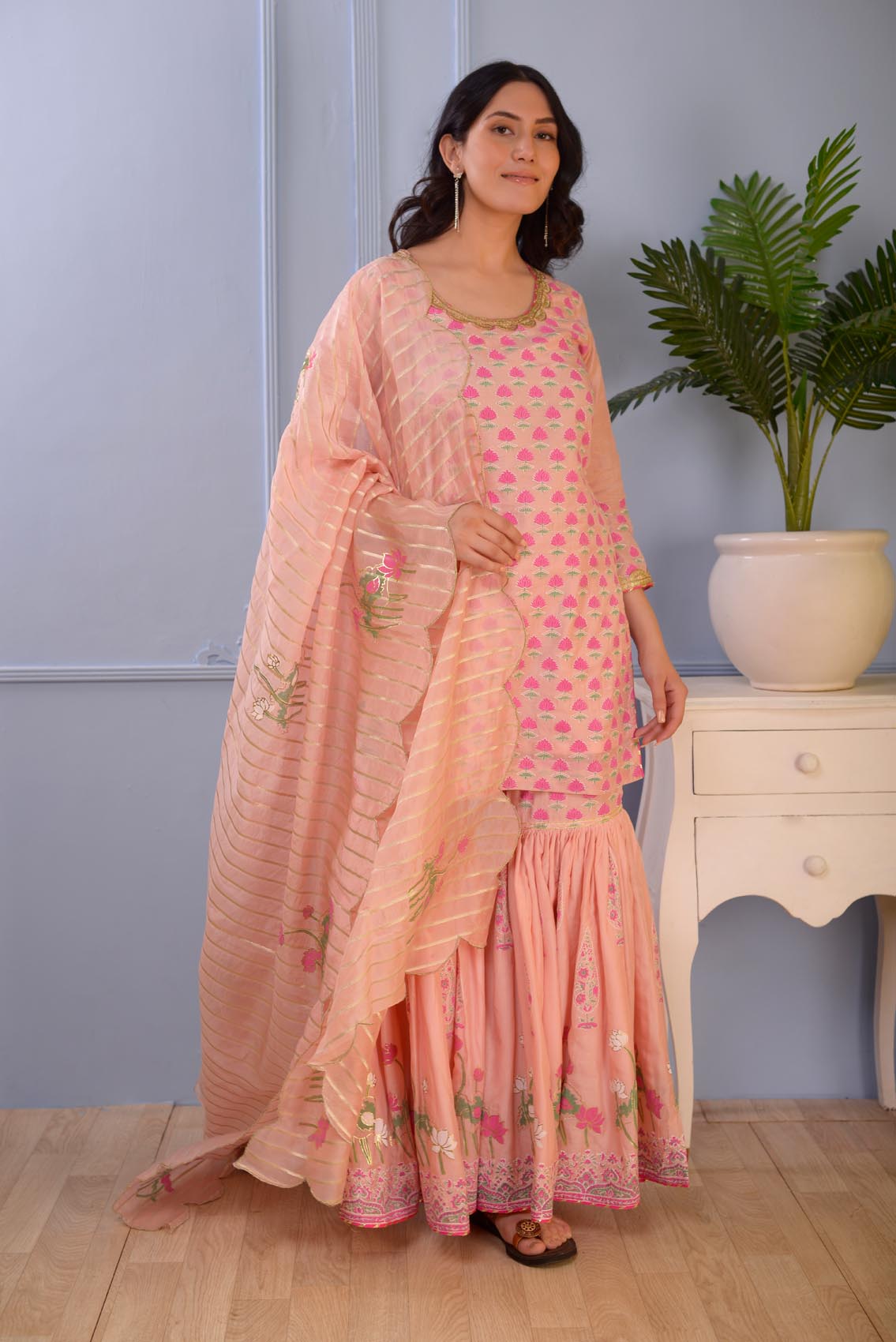 Jashan Pink Foil Printed Cotton Silk Garara Set Of 3