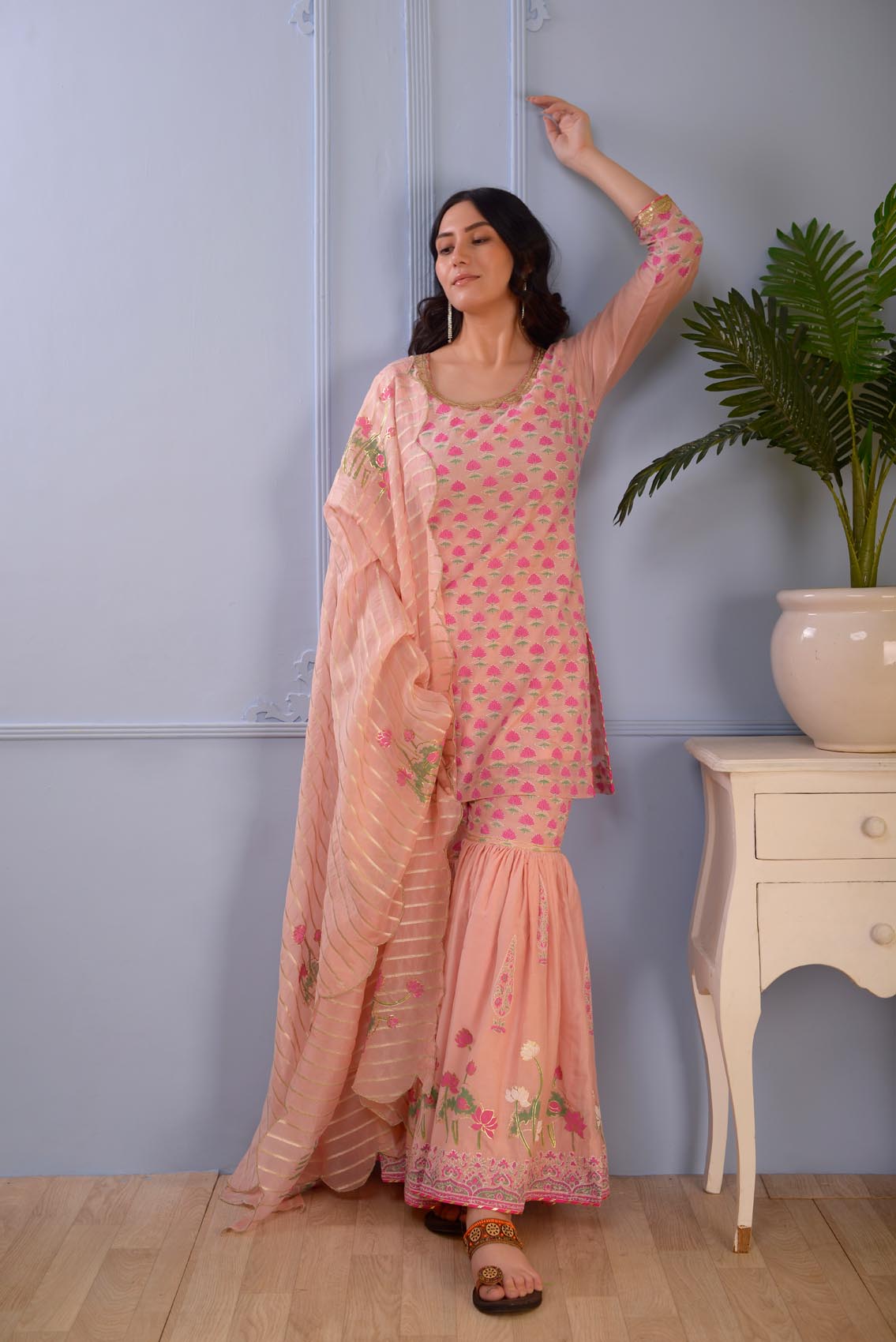 Jashan Pink Foil Printed Cotton Silk Garara Set Of 3