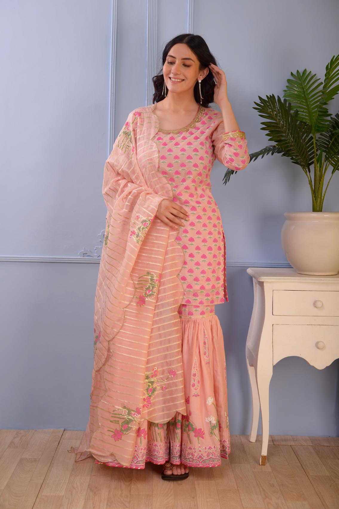 Jashan Pink Foil Printed Cotton Silk Garara Set Of 3