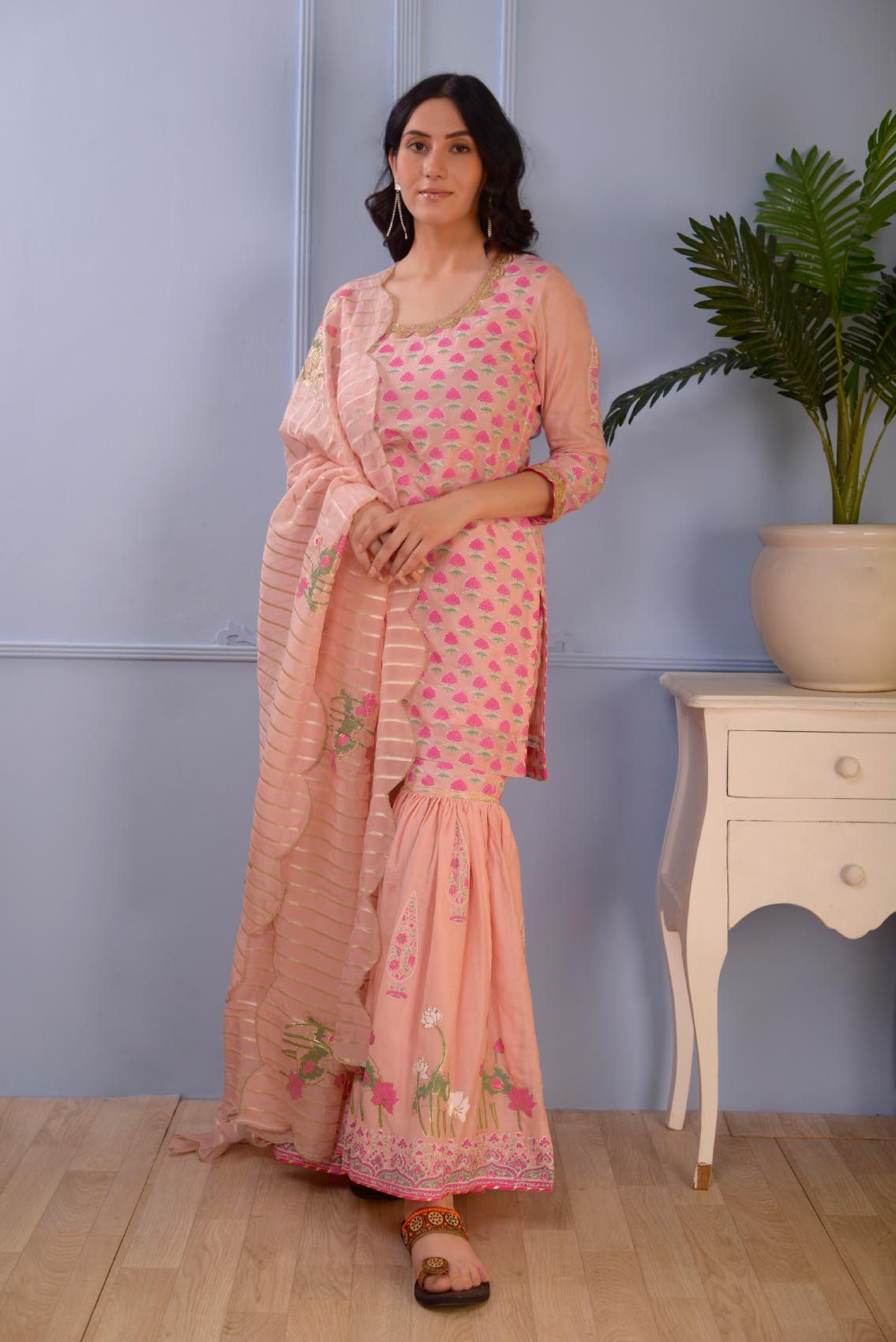 Jashan Pink Foil Printed Cotton Silk Garara Set Of 3