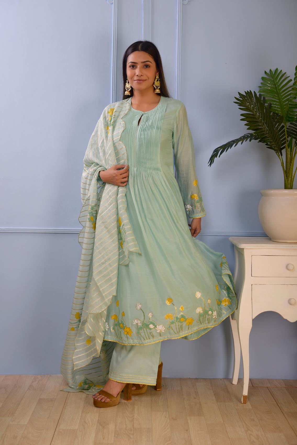 Jashan Sea Green Foil Printed Cotton Silk Anarkali Set Of 3