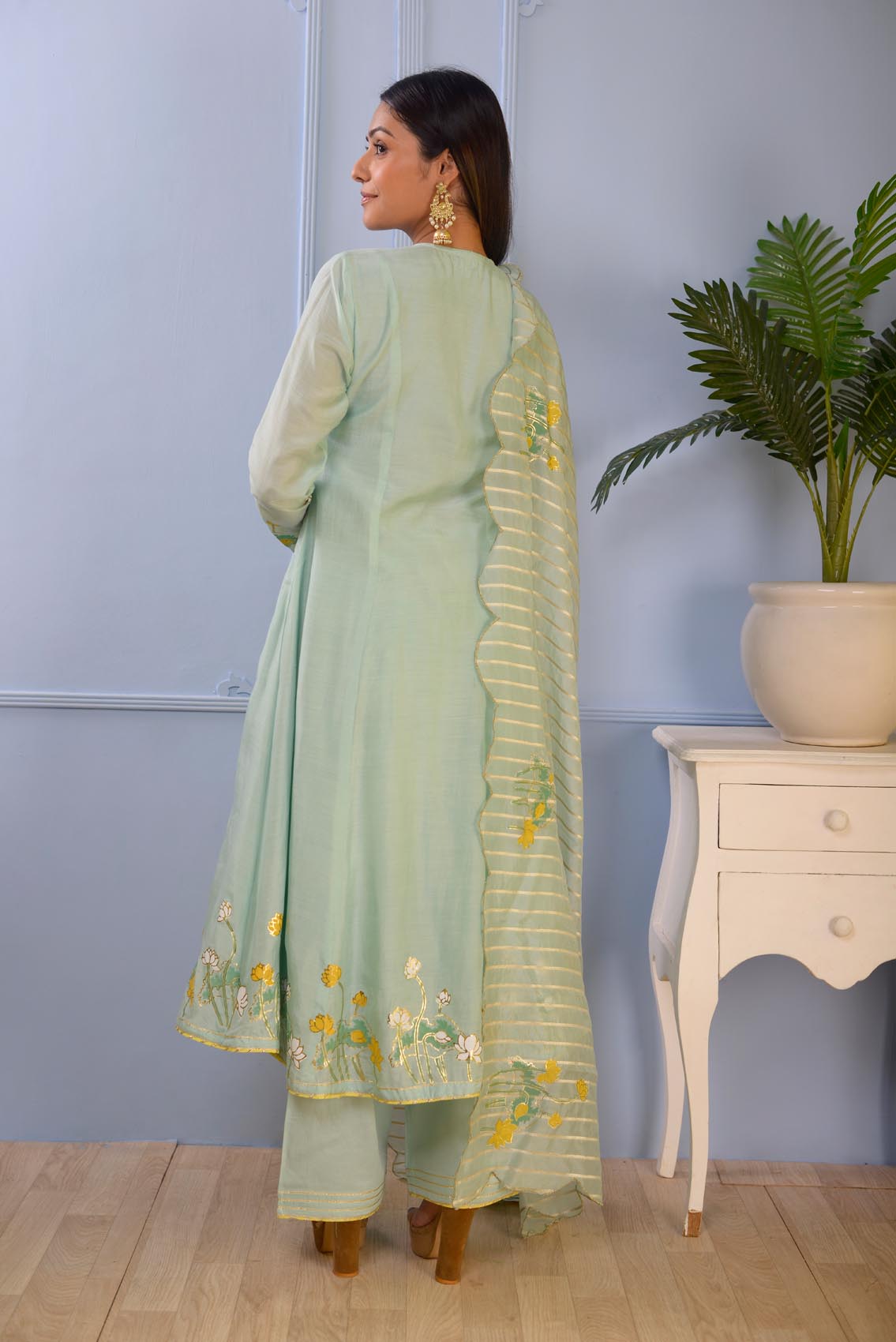 Jashan Sea Green Foil Printed Cotton Silk Anarkali Set Of 3