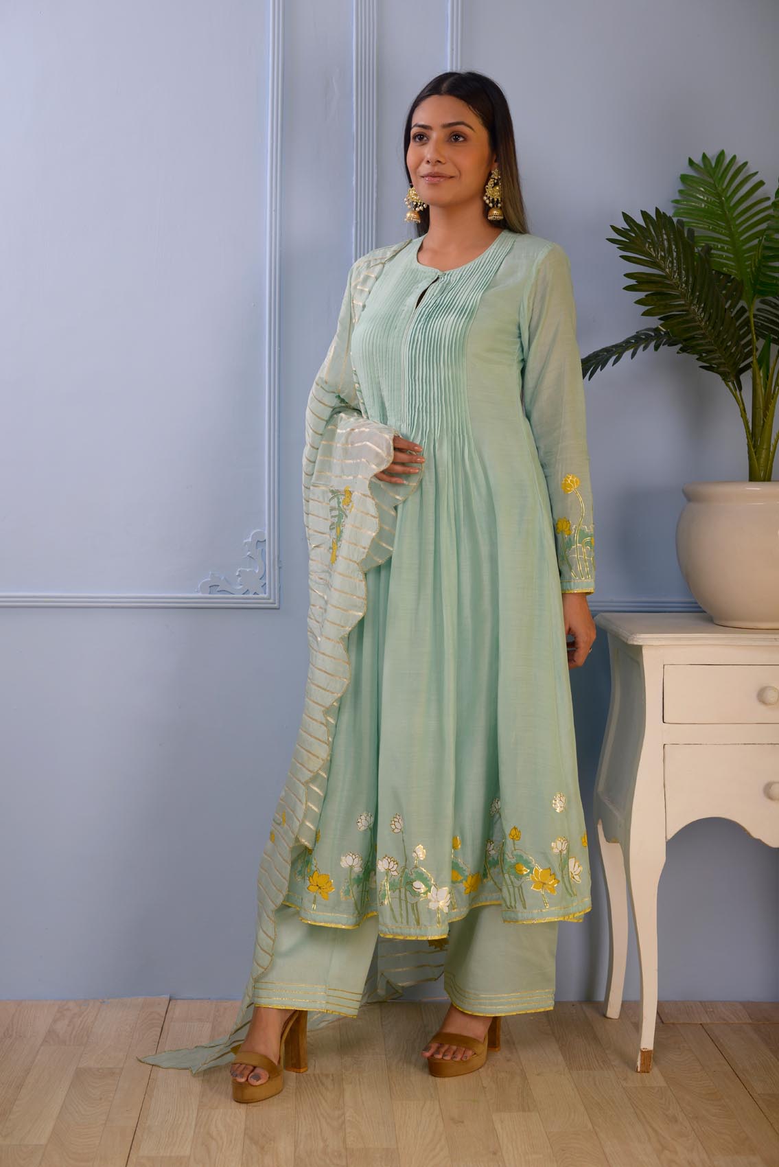 Jashan Sea Green Foil Printed Cotton Silk Anarkali Set Of 3