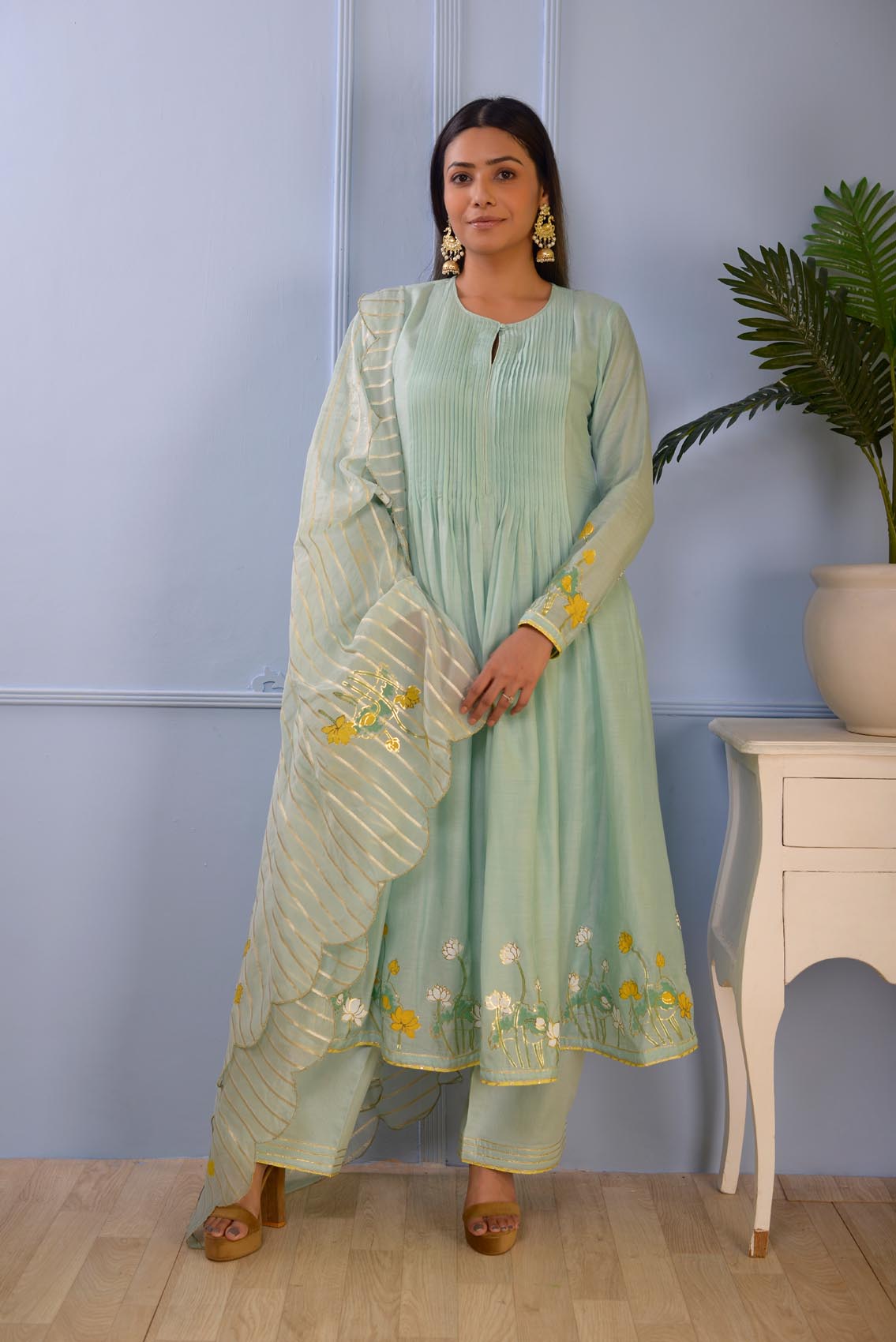 Jashan Sea Green Foil Printed Cotton Silk Anarkali Set Of 3