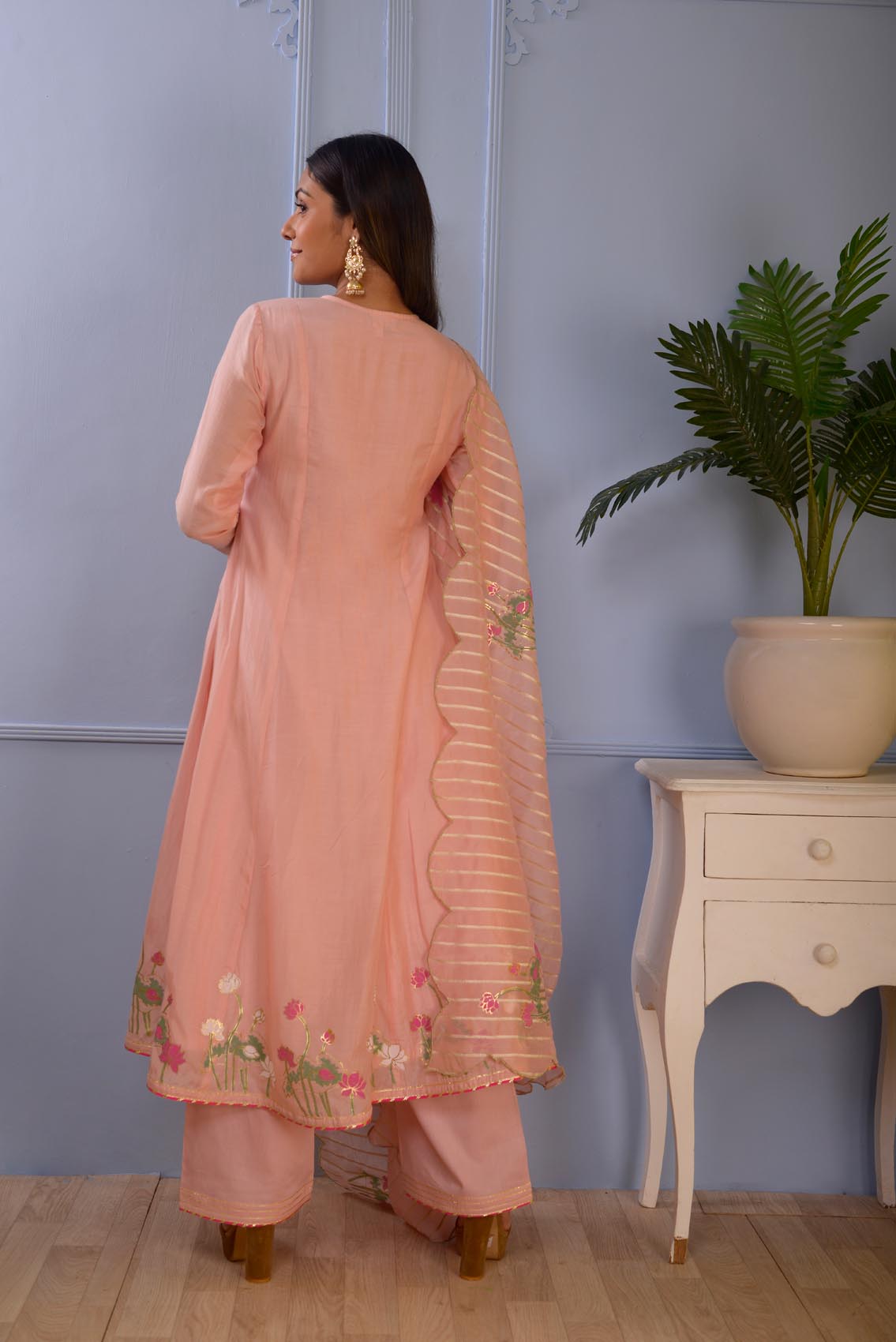 Jashan Pink Foil Printed Cotton Silk Anarkali Set Of 3