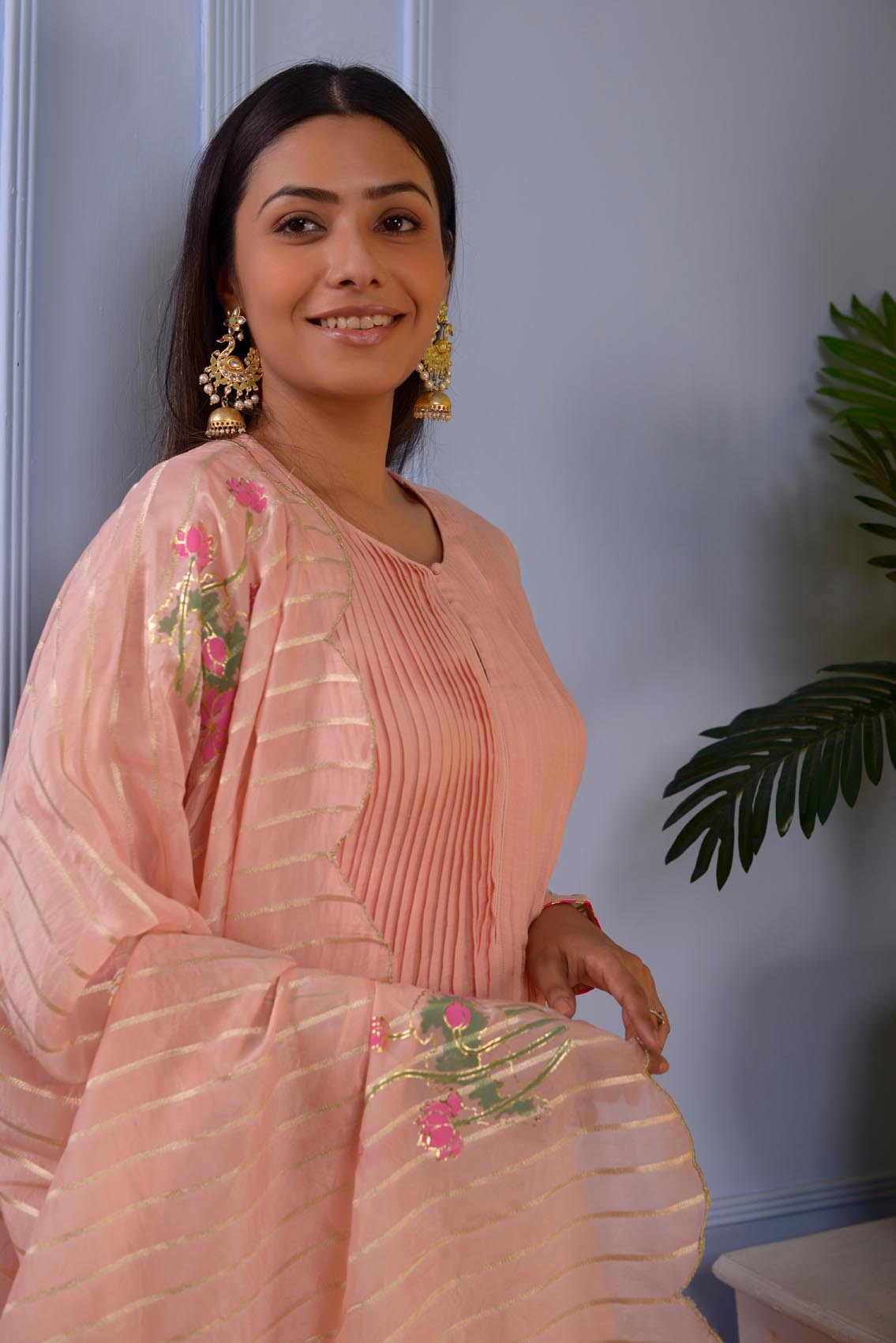 Jashan Pink Foil Printed Cotton Silk Anarkali Set Of 3