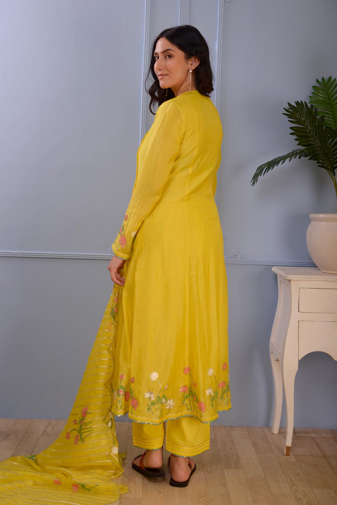 Jashan Lemon Yellow Foil Printed Cotton Silk Anarkali Set Of 3