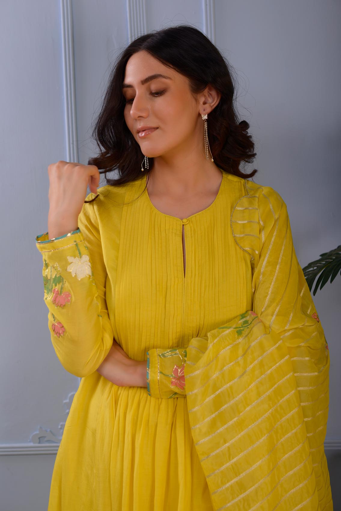 Jashan Lemon Yellow Foil Printed Cotton Silk Anarkali Set Of 3