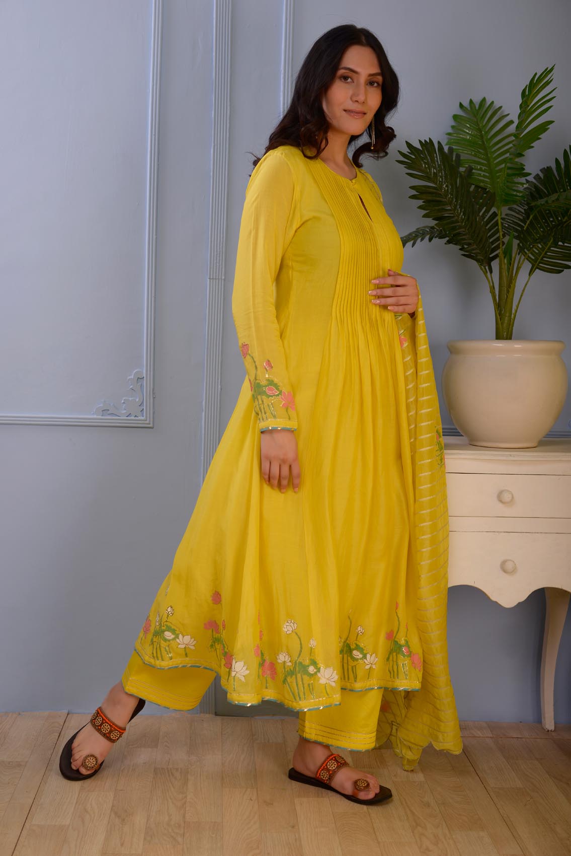 Jashan Lemon Yellow Foil Printed Cotton Silk Anarkali Set Of 3