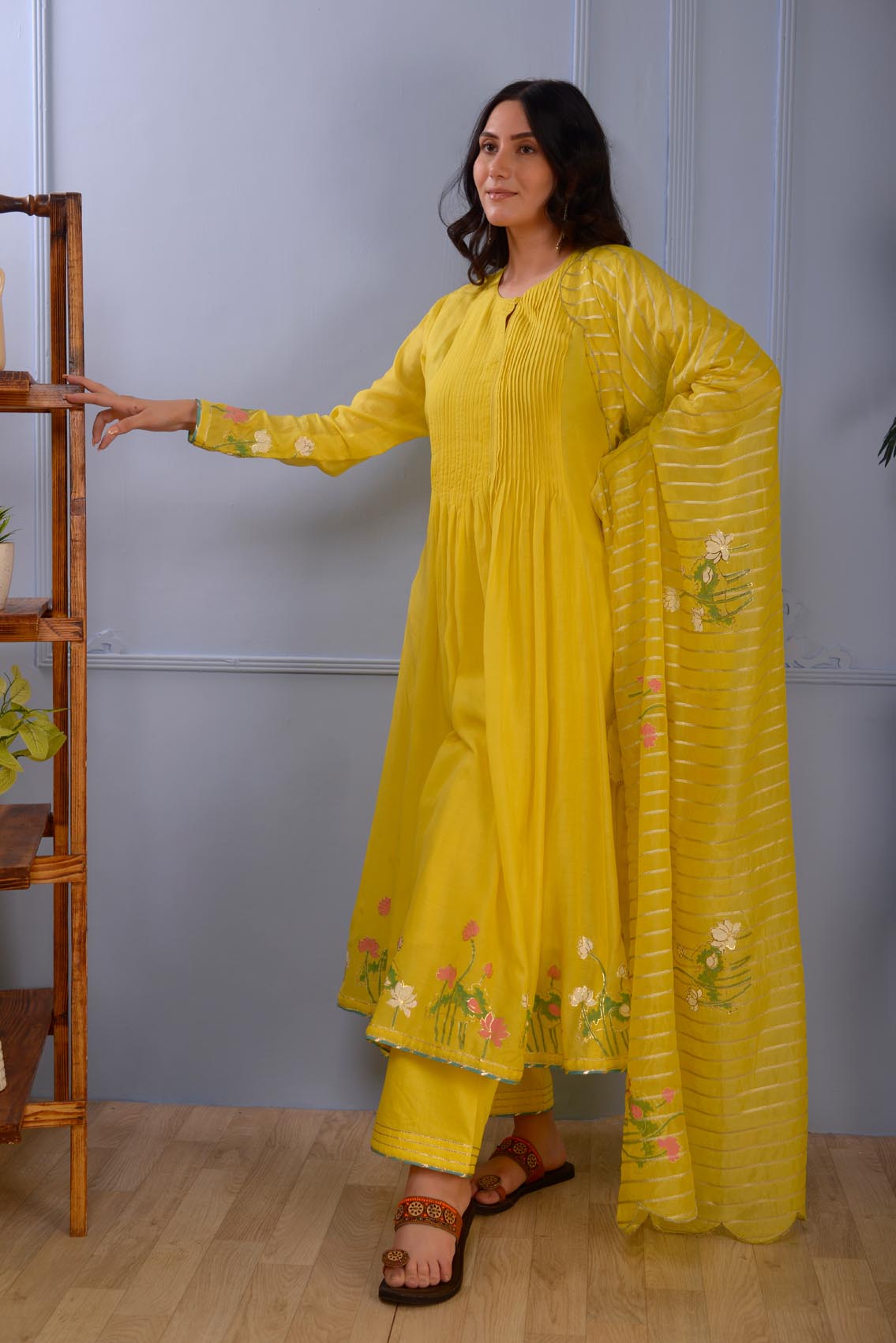 Jashan Lemon Yellow Foil Printed Cotton Silk Anarkali Set Of 3