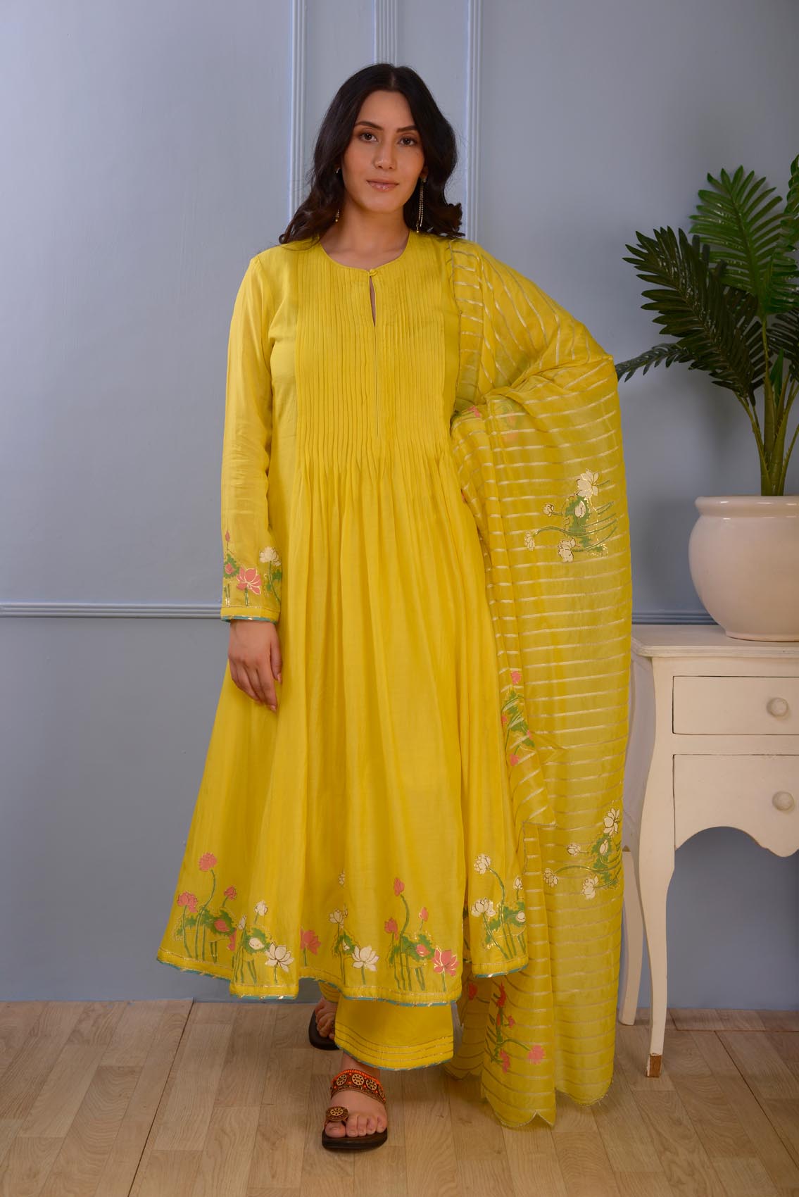 Jashan Lemon Yellow Foil Printed Cotton Silk Anarkali Set Of 3