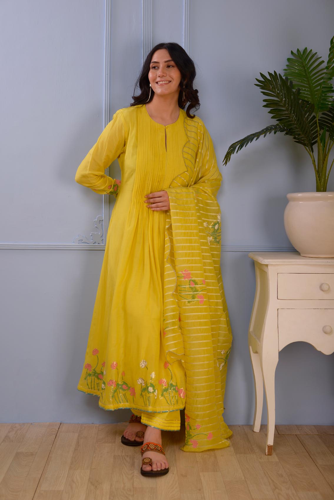 Jashan Lemon Yellow Foil Printed Cotton Silk Anarkali Set Of 3