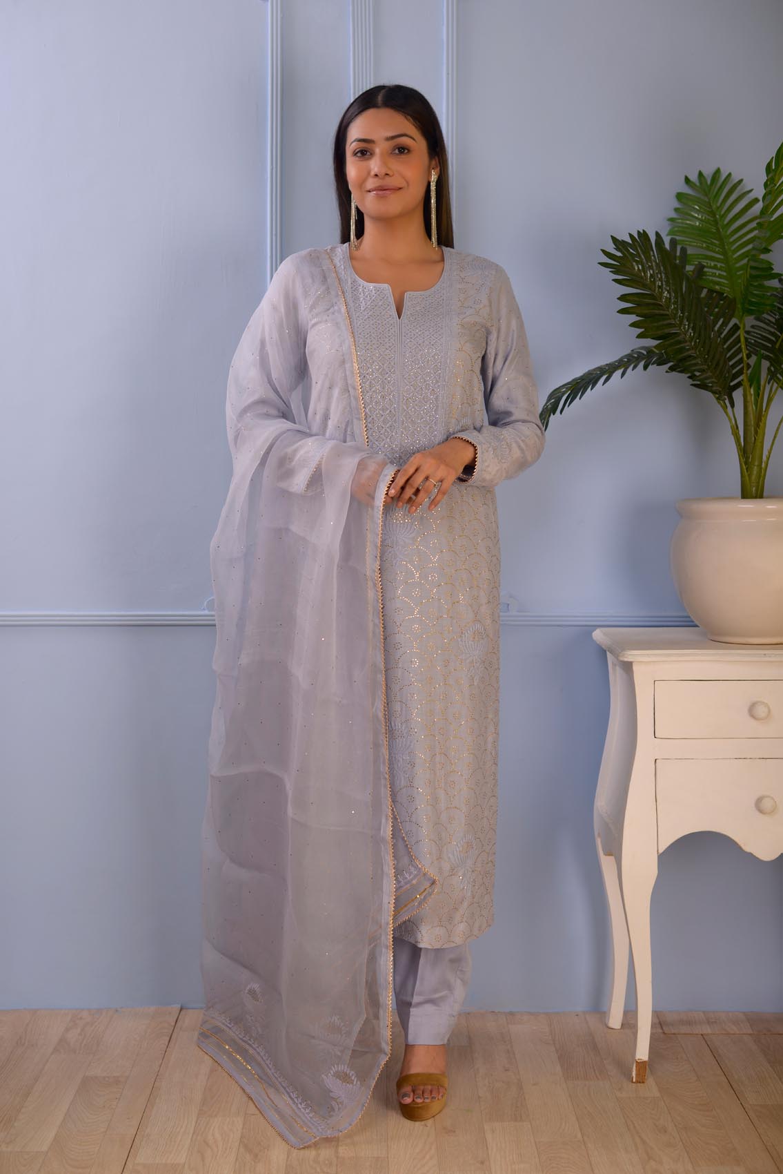 Jashan Sky Blue Lucknowi Cotton Silk Kurta Set Of 3