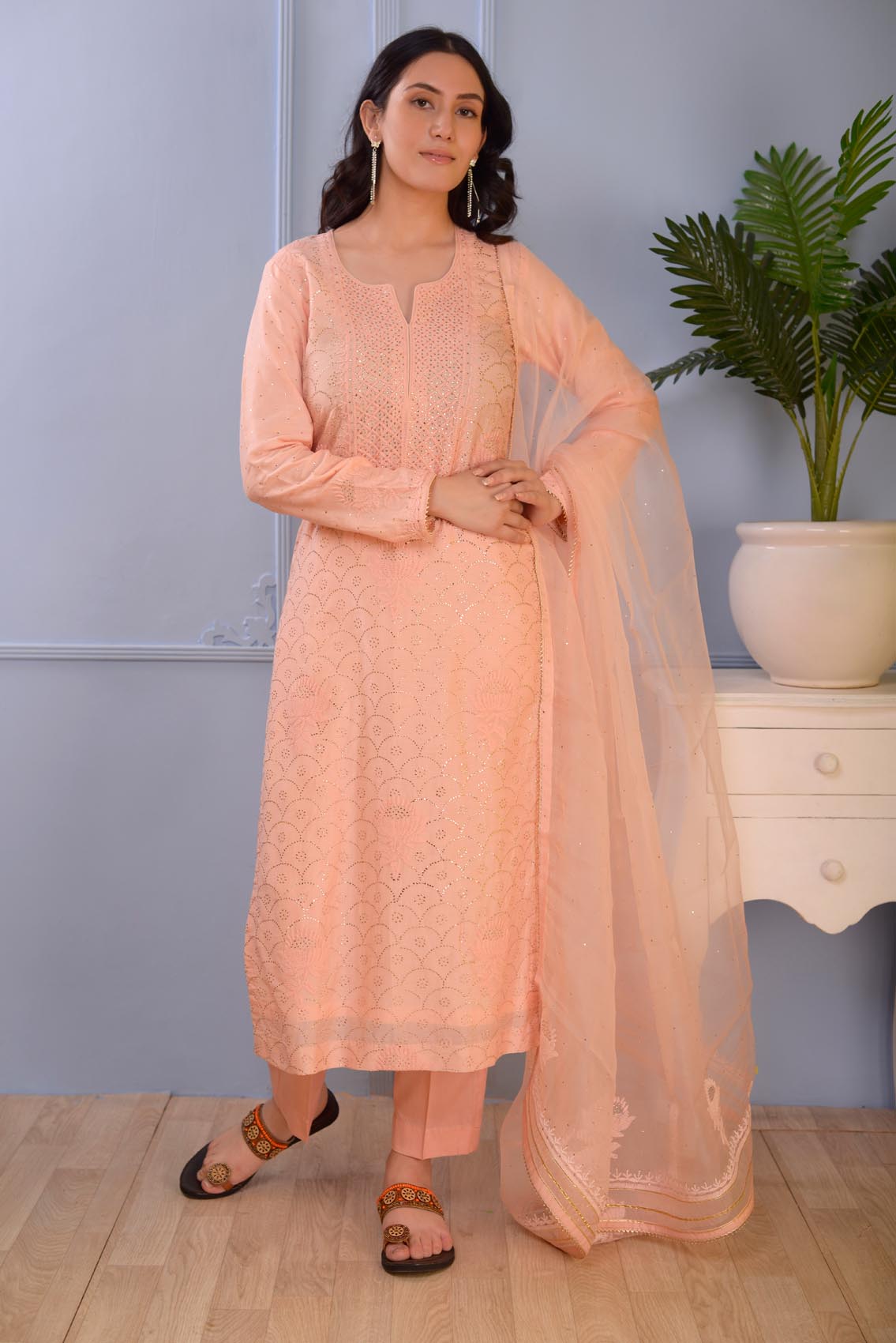 Jashan Peach Lucknowi Cotton Silk Kurta Set Of 3