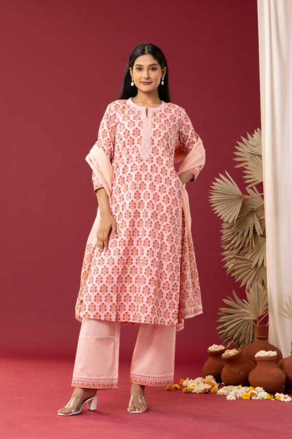 PHAGUN OLD ROSE PINK BLOCK PRINTED COTTON CAMBRIC STRAIGHT KURTA WITH PLAZZO SET OF 3