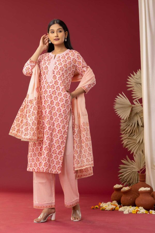 PHAGUN OLD ROSE PINK BLOCK PRINTED COTTON CAMBRIC STRAIGHT KURTA WITH PLAZZO SET OF 3