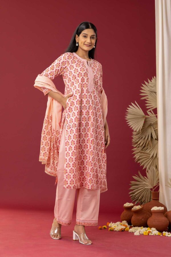 PHAGUN OLD ROSE PINK BLOCK PRINTED COTTON CAMBRIC STRAIGHT KURTA WITH PLAZZO SET OF 3