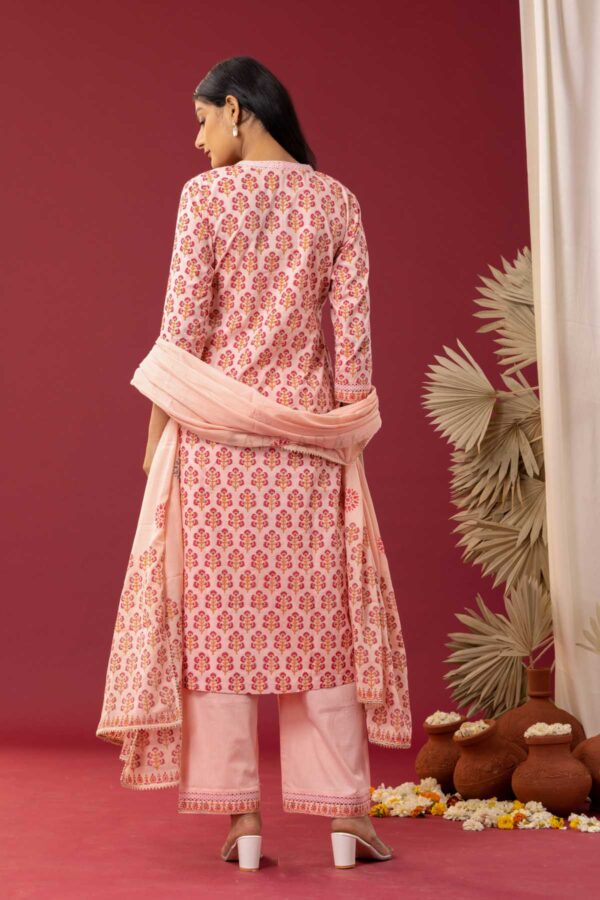 PHAGUN OLD ROSE PINK BLOCK PRINTED COTTON CAMBRIC STRAIGHT KURTA WITH PLAZZO SET OF 3