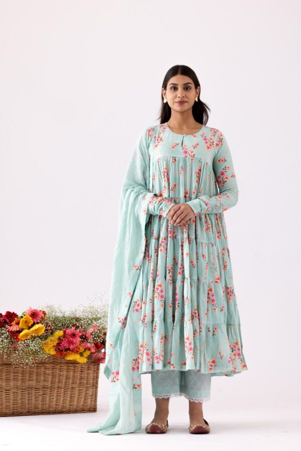 GULMEHER AQUA DIGITAL PRINT COTTON LAYERED ANARKALI WITH PLAZZO SET OF 3