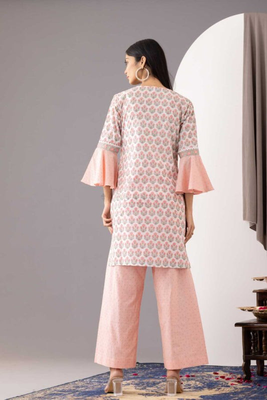 PHAGUN OLD ROSE PINK BLOCK PRINTED COTTON CAMBRIC STRAIGHT KURTA WITH PLAZZO SET OF 2