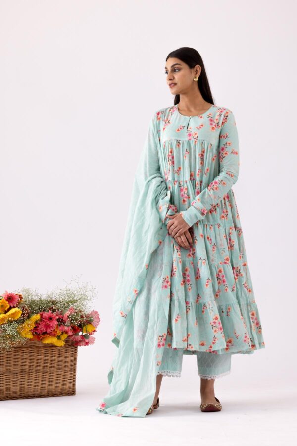 GULMEHER AQUA DIGITAL PRINT COTTON LAYERED ANARKALI WITH PLAZZO SET OF 3