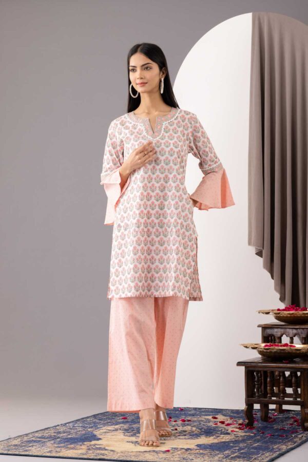 PHAGUN OLD ROSE PINK BLOCK PRINTED COTTON CAMBRIC STRAIGHT KURTA WITH PLAZZO SET OF 2